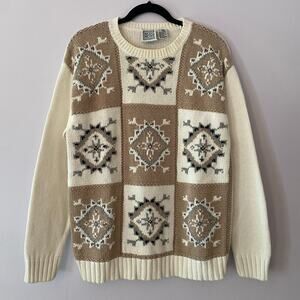 Vintage Russ Sport Grannycore White Brown Knit Chunky Crewneck Sweater Medium